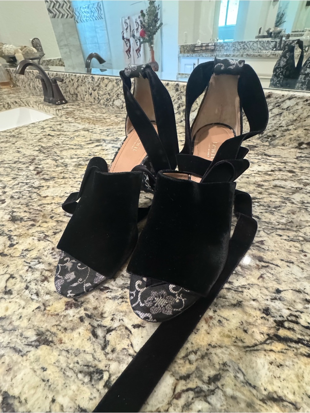 Lewit Black Velvet Lace-Trim Sandal Heels